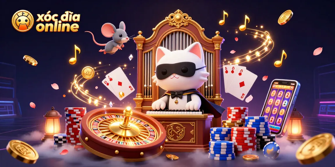 Engage in xóc đĩa online with vibrant casino elements like coins and roulette enhancing your experience.