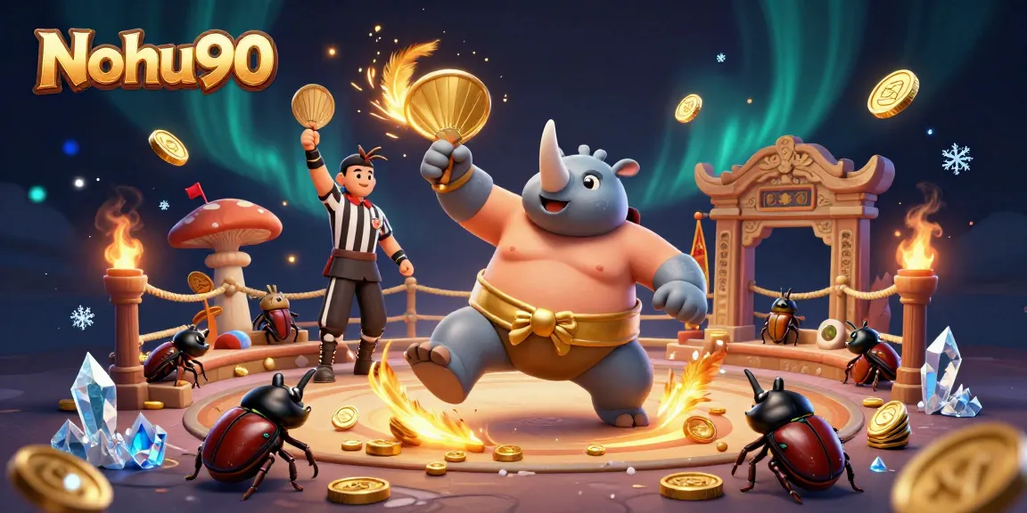 Nohu90 offers thrilling slot gaming action with a dynamic scene of a beetle sumo champion and sparkling coins.