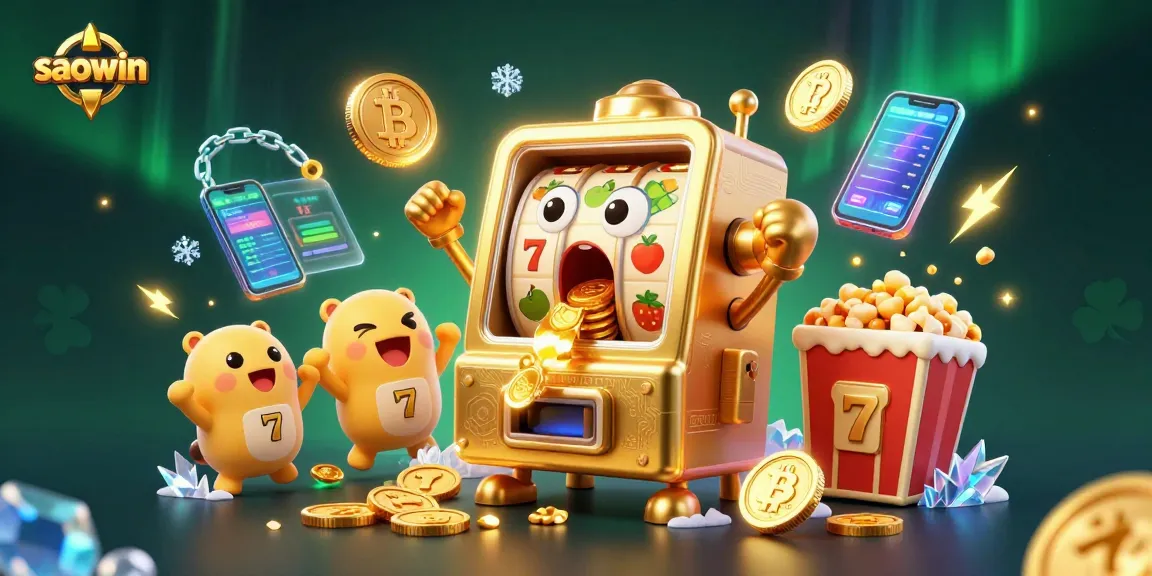 saowin reveals a cartoon slot machine hitting the jackpot while coins pour, energy-filled gaming scene.