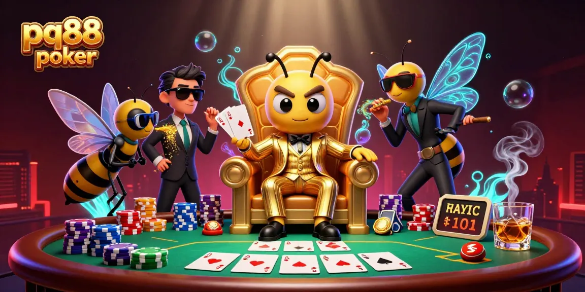 PQ88 poker featuring a bumblebee mob boss and wasp bodyguards at a vibrant poker table.