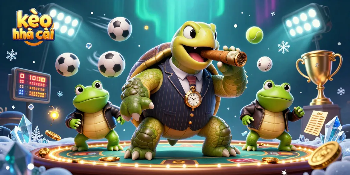 Engage in thrilling kèo nhà cái action with a colorful casino scene featuring a turtle mobster and bullfrog enforcers.