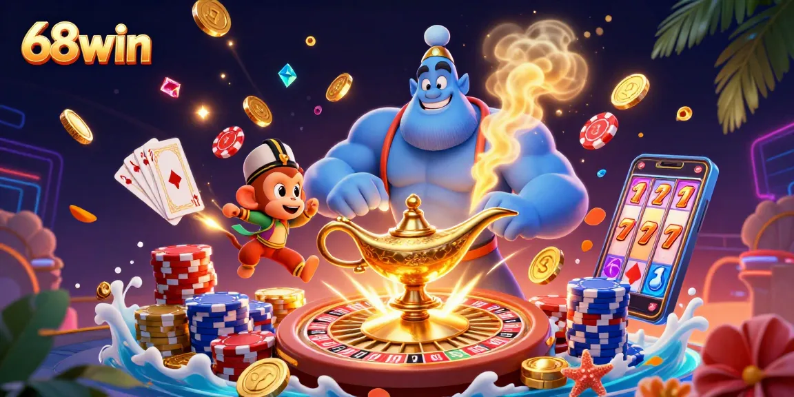 Experience the thrill of 68win with a dynamic casino scene filled with iconic gaming elements.
