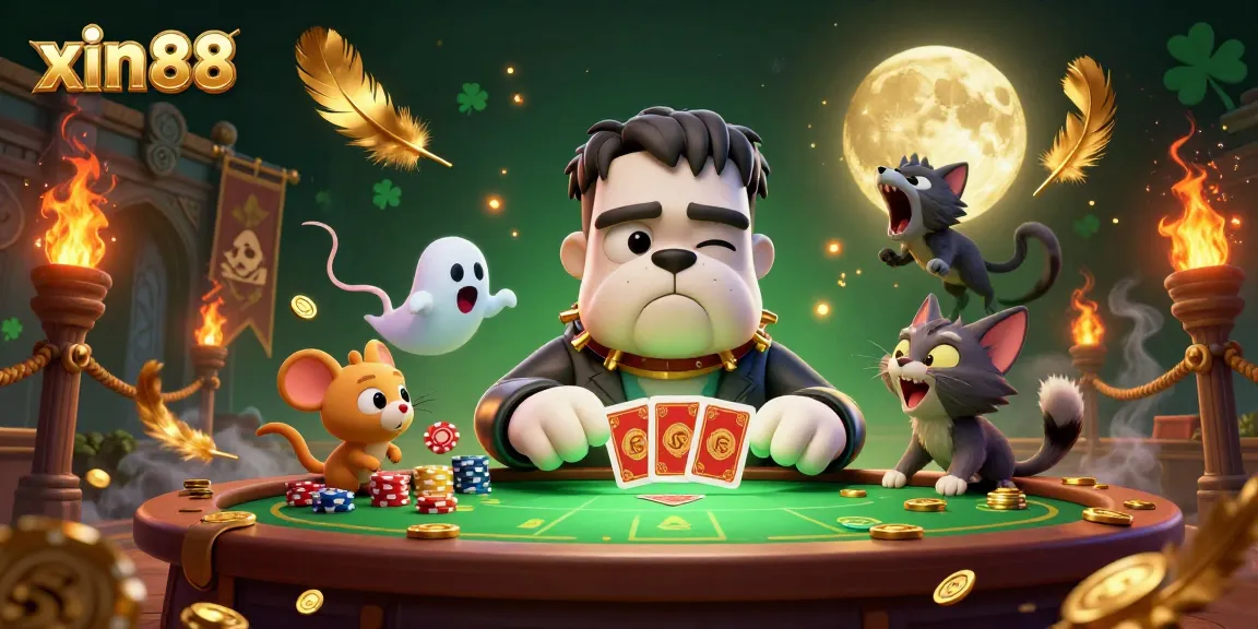 Experience the excitement of xin 88 as a cartoon bulldog dealer shuffles cards amid gold tokens and epic atmospherics.