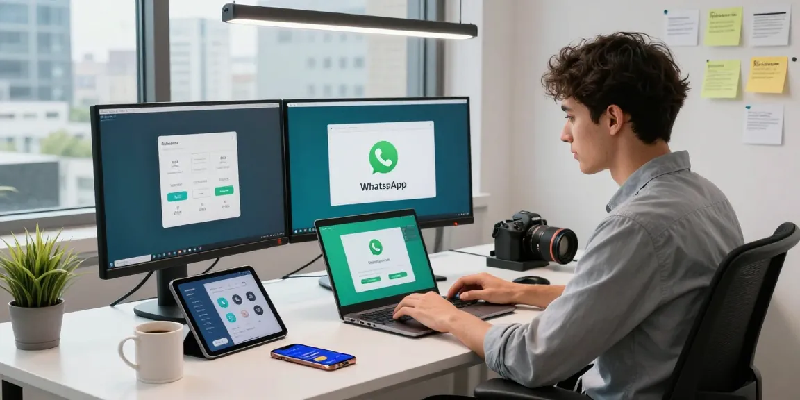 Downloading WhatsApp on a laptop in a modern tech workspace, showcasing essential gadgets and productivity.