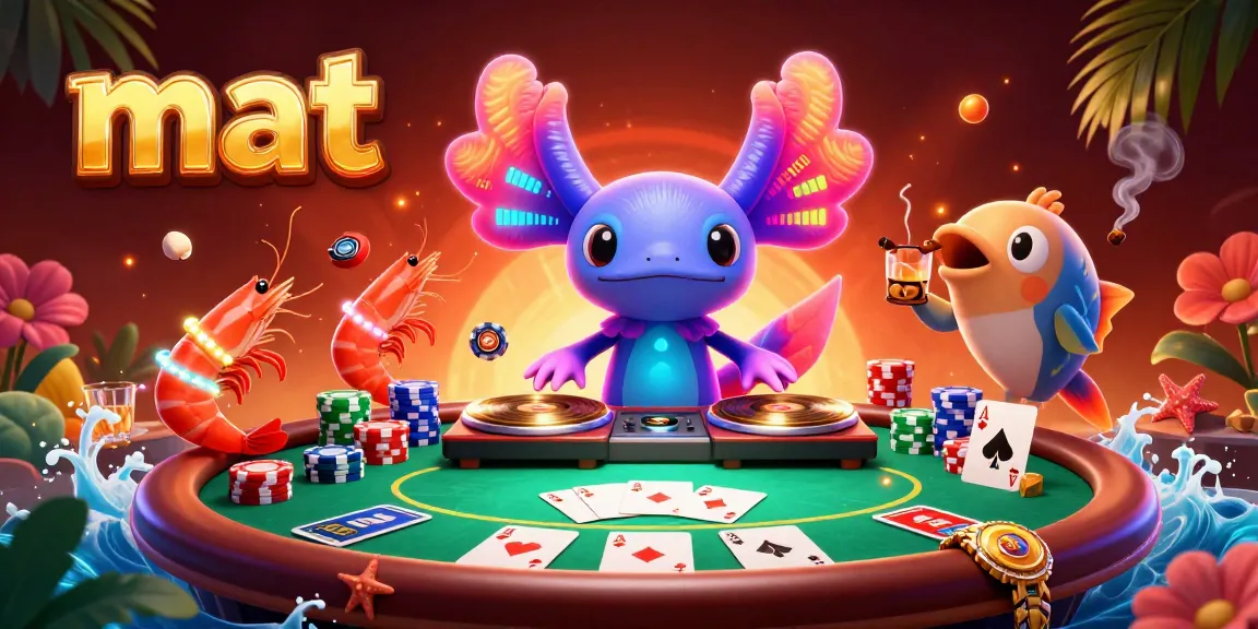 Engage with the vibrant mat-themed casino scene featuring a unique axolotl DJ playing among poker elements.