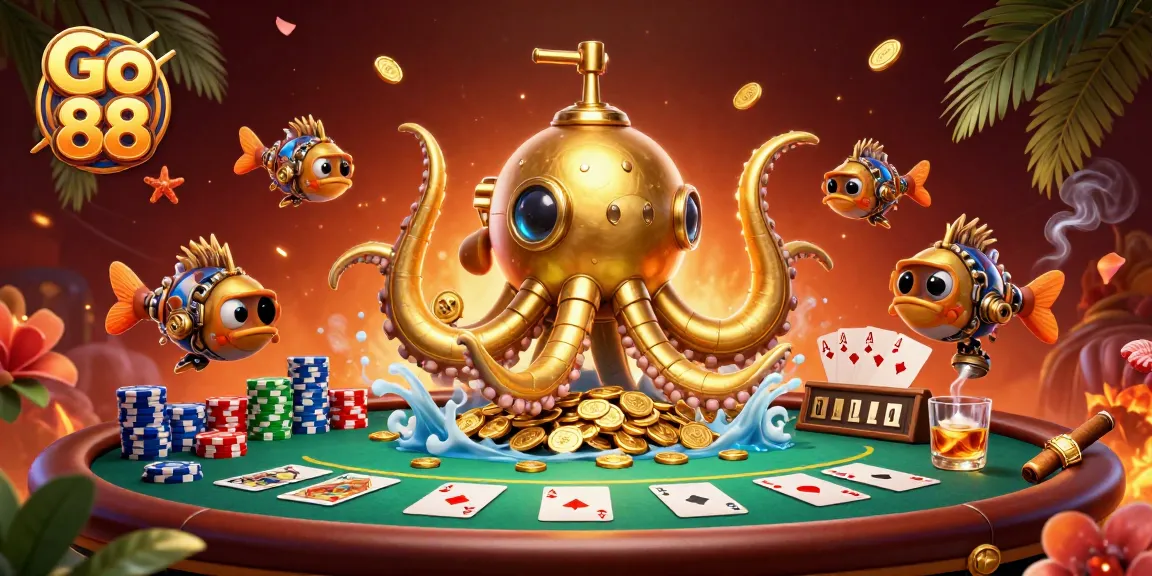 Go 88 celebrates thrilling gameplay with a golden kraken and poker essentials in a vibrant scene.