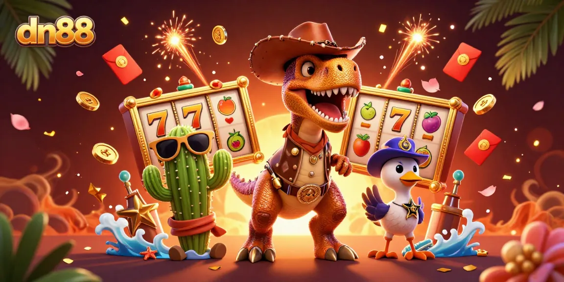 Experience exciting gambling fun with dn88 - a vibrant casino-themed scene featuring lively characters and slot games.