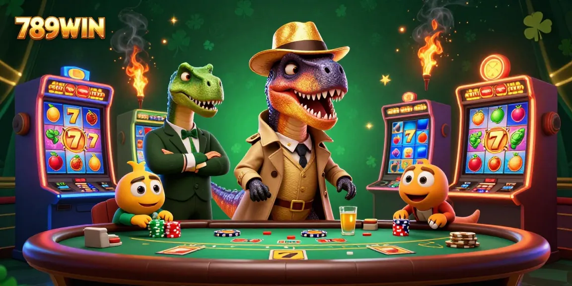 Engage with the thrilling world of 789WIN, where a velociraptor attempts card counting amidst a vibrant casino scene.