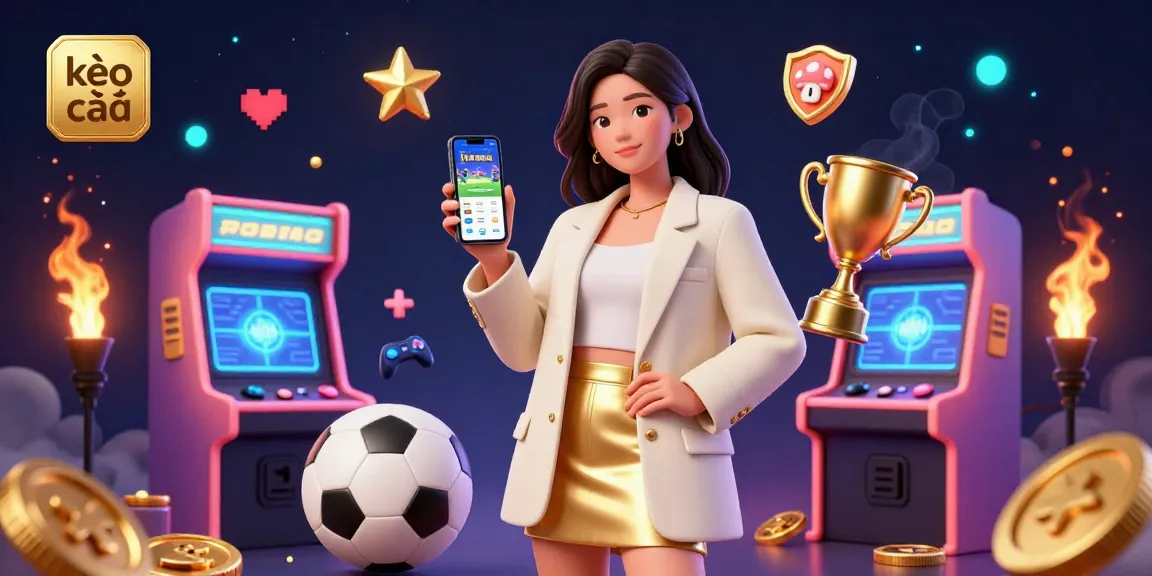 Engage with kèo nhà cái in a vibrant scene of Asian woman showcasing a sports betting app, surrounded by gaming elements.