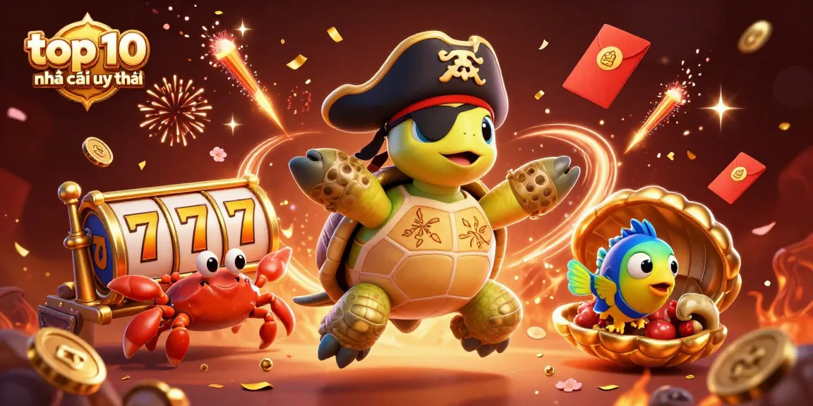 Experience the excitement with the top 10 nhà cái uy tín, featuring a dynamic pirate-themed casino illustration.