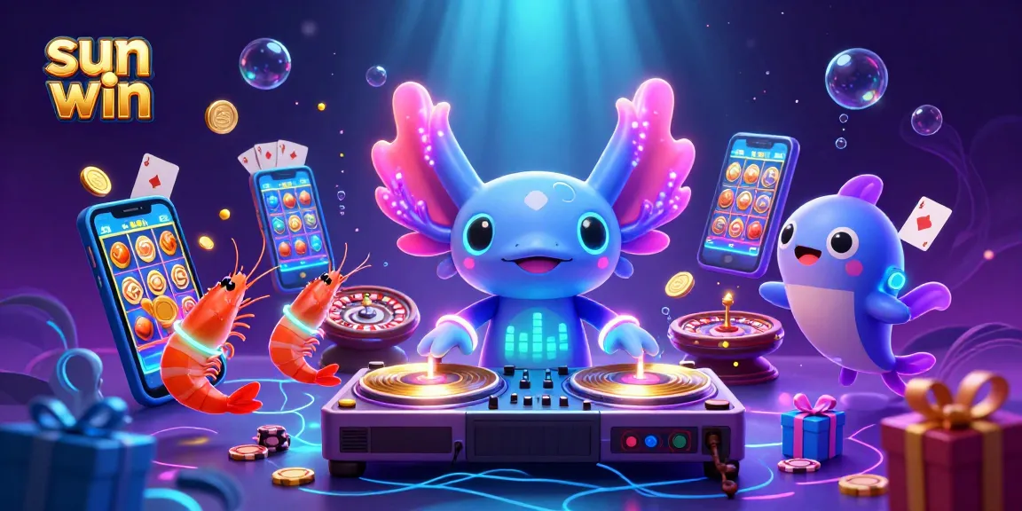 Experience the excitement of sun win casino games with neon axolotl DJ and vibrant gaming elements.