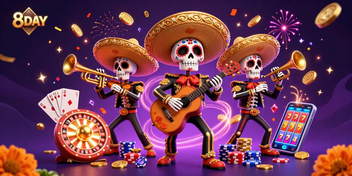 Engage in thrilling gameplay at 8DAY with vibrant casino scenes filled with golden coins, roulette wheels, and lively skeleton musicians.