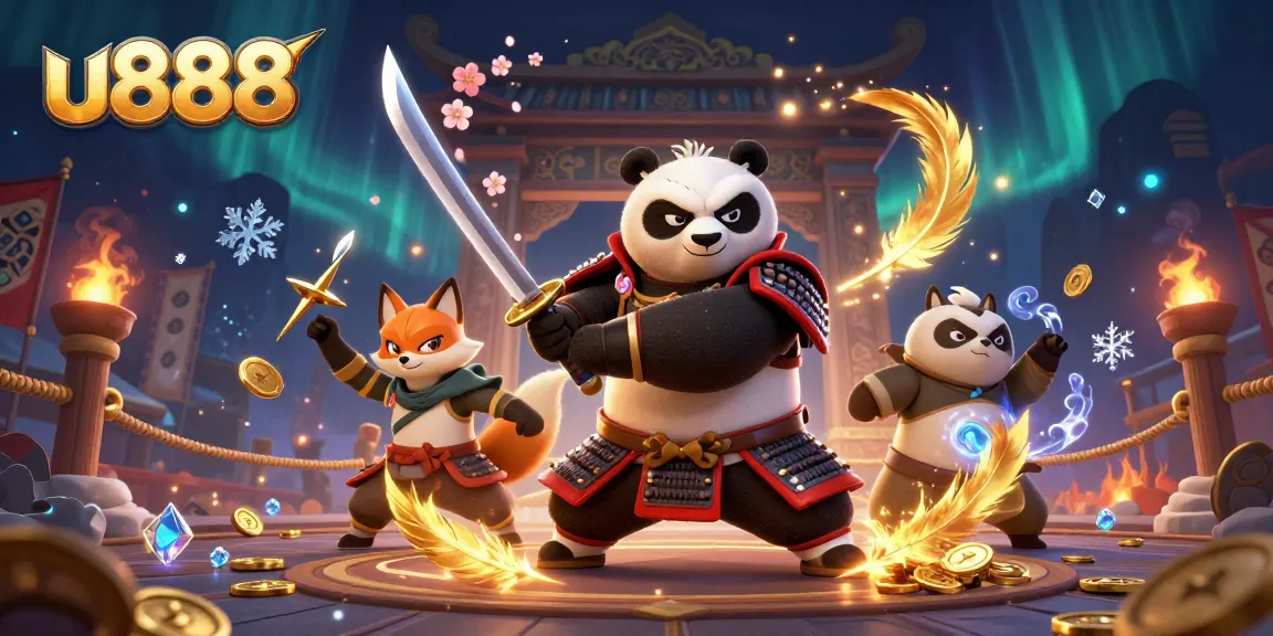 Experience thrilling action with u888's dynamic characters and casino elements in this vibrant 3D illustration.