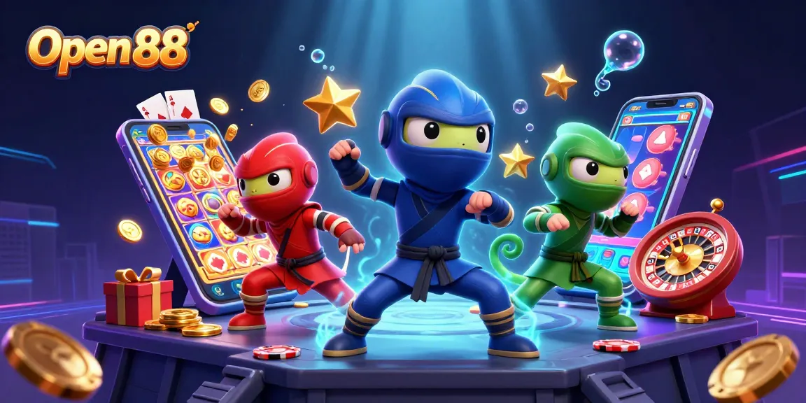 Open 88 showcases an action-packed scene with colorful chameleons and vibrant slots gaming elements.