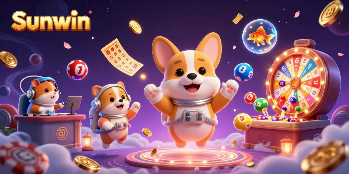 Experience thrilling wins at Sunwin with vibrant casino elements and characters in a dynamic 3D illustration.