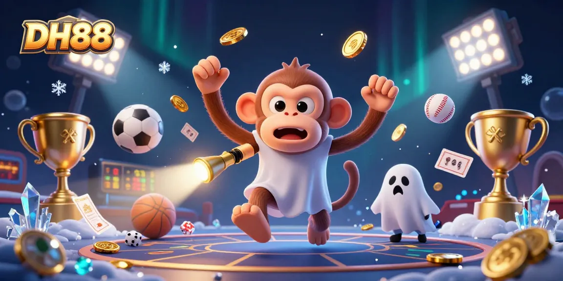 Engage with DH88 as a playful poltergeist monkey juggles golden casino items while a curious puppy tracks it.
