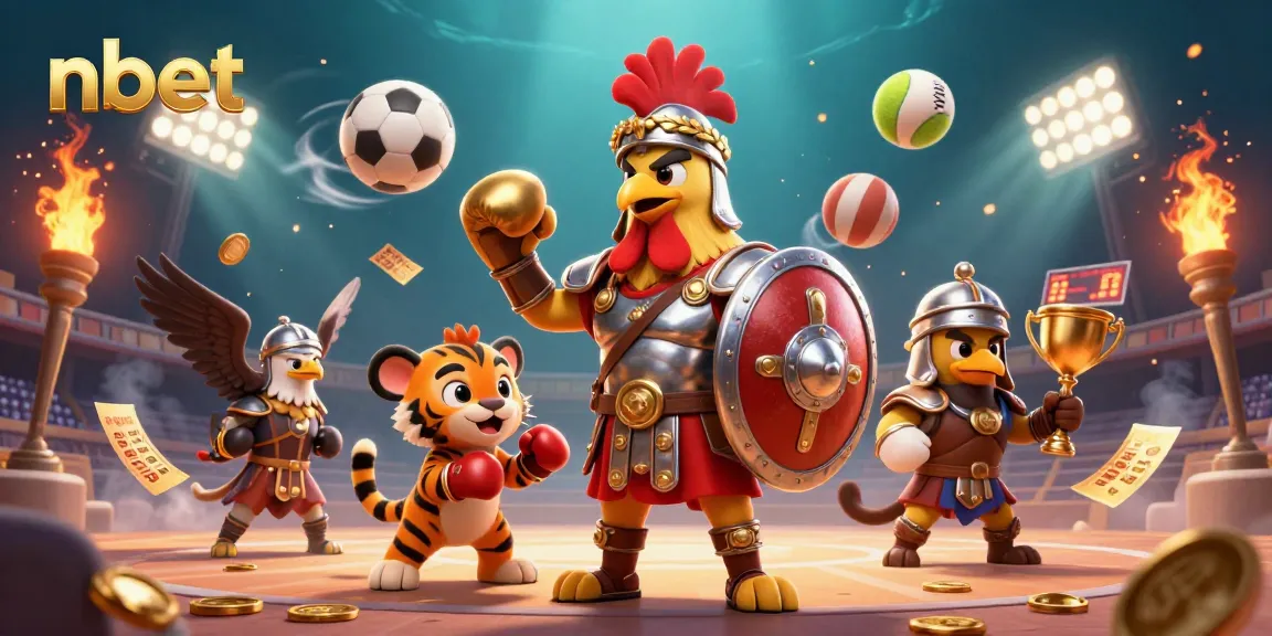 nbet showcases a dynamic casino scene with a gladiator rooster and sports elements, emphasizing winning strategies.