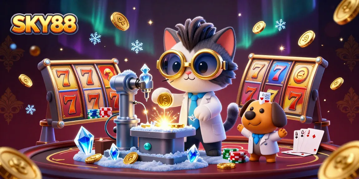 Experience the thrill of winning at SKY88 with dynamic slots and casino visuals in this vibrant illustration.