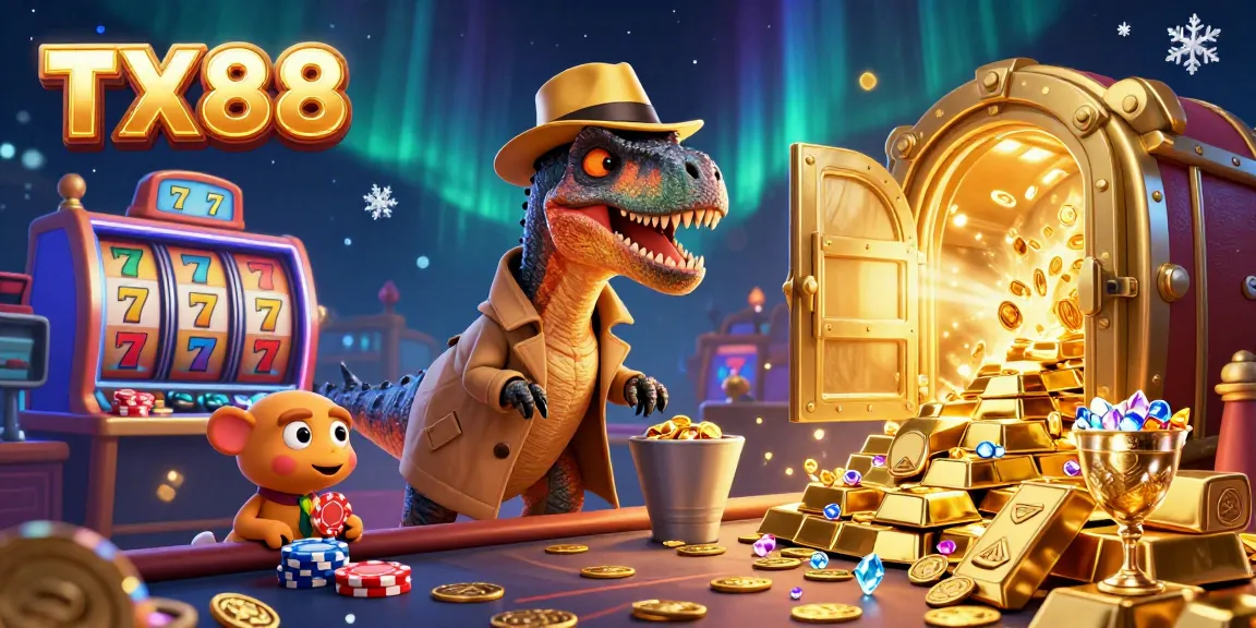 Experience the excitement of TX88 at a vibrant casino, where a velociraptor and friends engage in chip-sneaking antics.