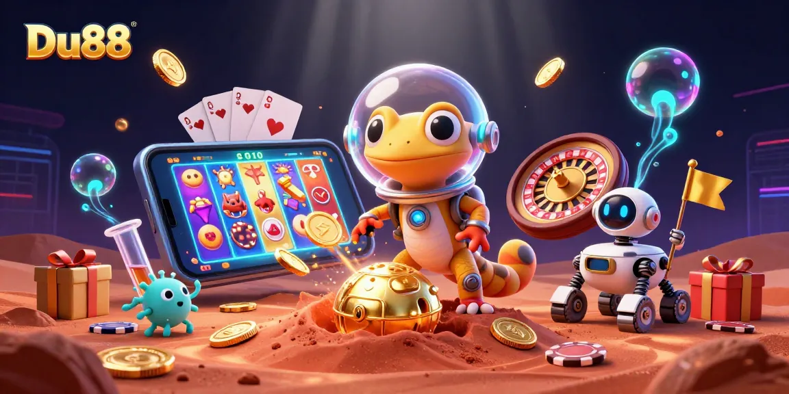 Join the Martian gecko at Du88 exploring a buried golden casino amidst vibrant gambling elements.
