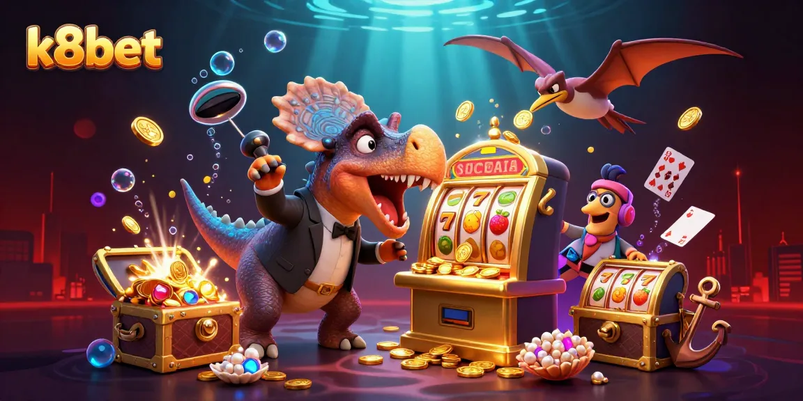 Experience thrilling jackpots at k8bet where an animated pachycephalosaurus interacts with a golden slot machine!