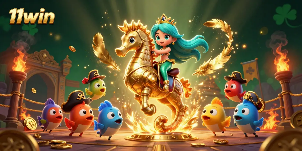 Engage in thrilling games at 11win with cartoon mermaid princess and seahorse amidst vibrant underwater elements