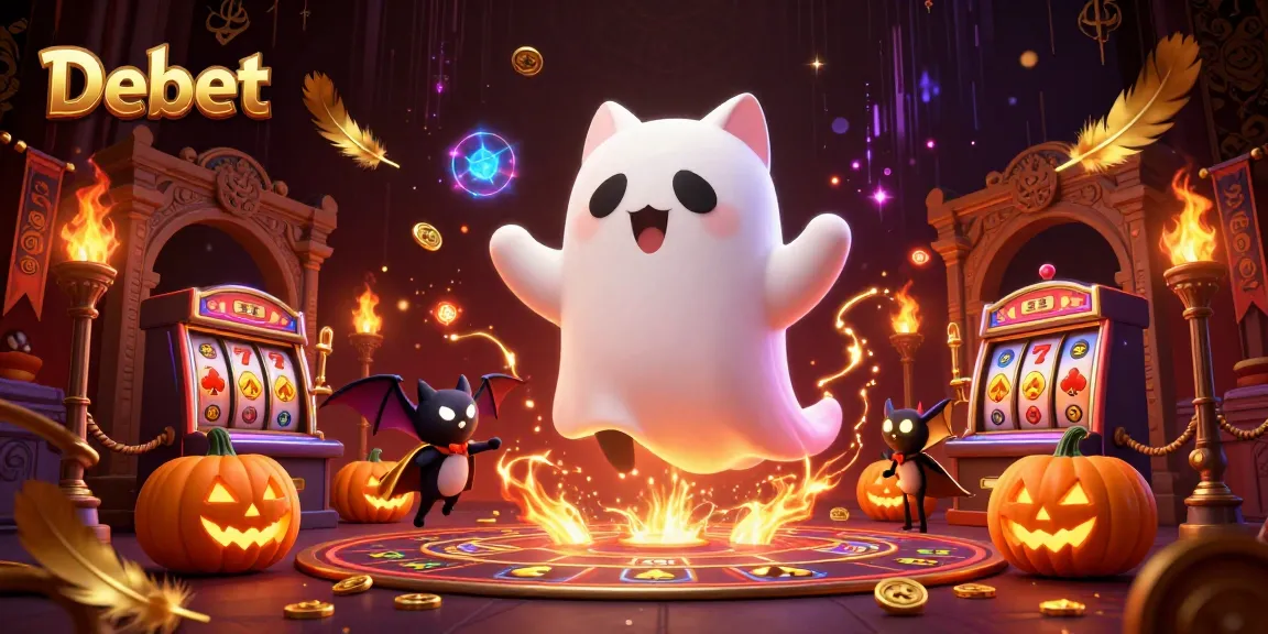 Engage with Debet in a mystical haunted casino featuring a ghost cat and vampire bat.
