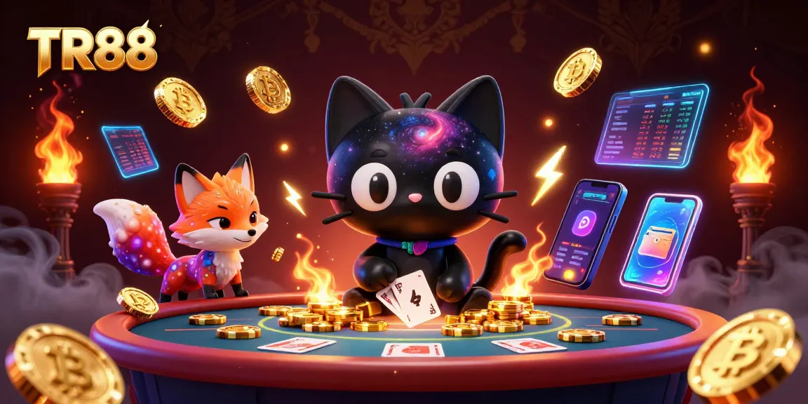 Engage with TR88 in a vibrant cosmic casino, featuring a black hole cat and nebula fox.