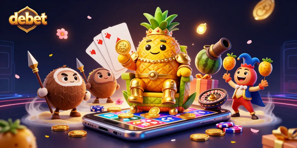 Engaging scene of debet's golden pineapple king amidst a vibrant beach casino with slot games and gold coins.