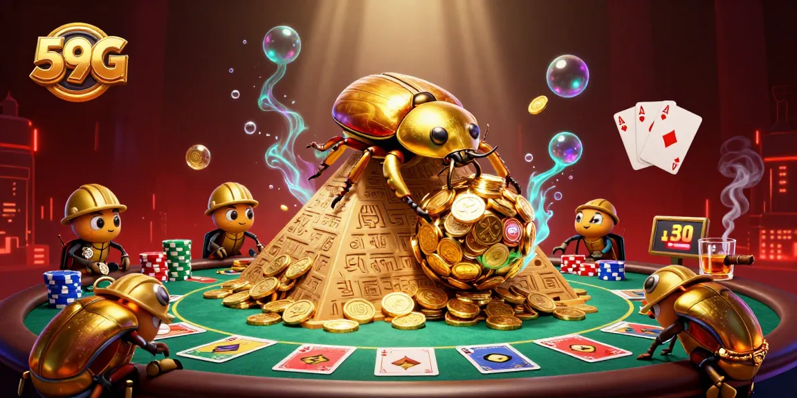 Experience 59G's thrilling online casino adventure with golden beetles rolling coins and poker action.