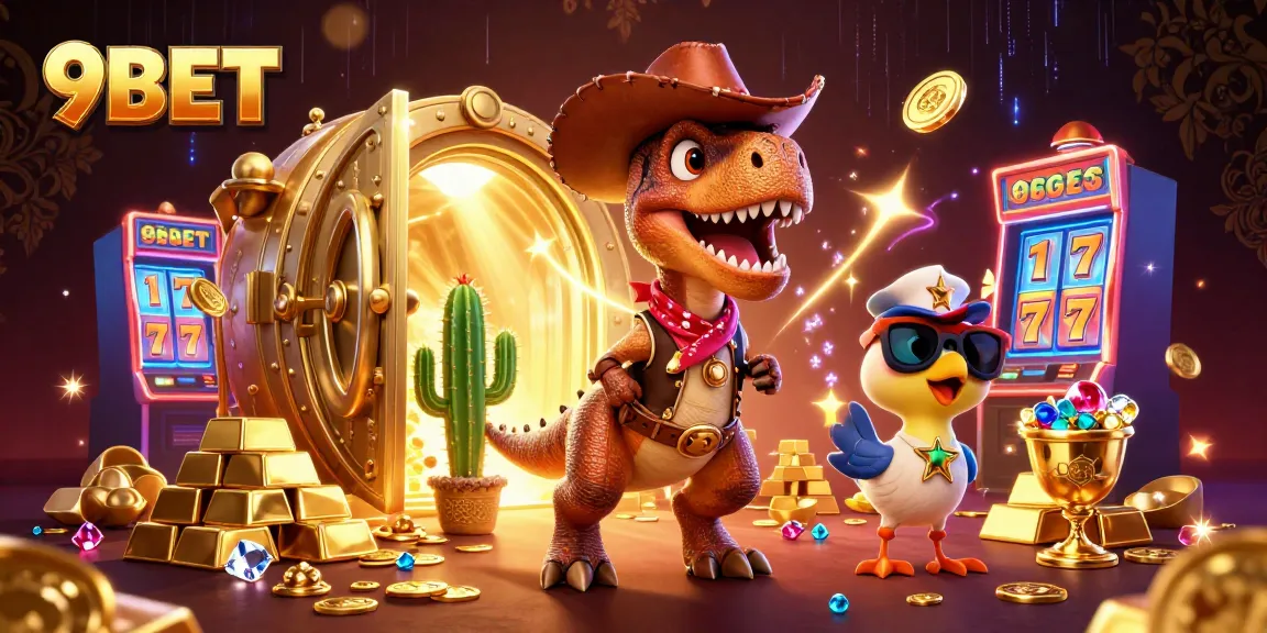 Win big with 9BET as T-Rex leads the jackpot adventure in this vibrant casino illustration.