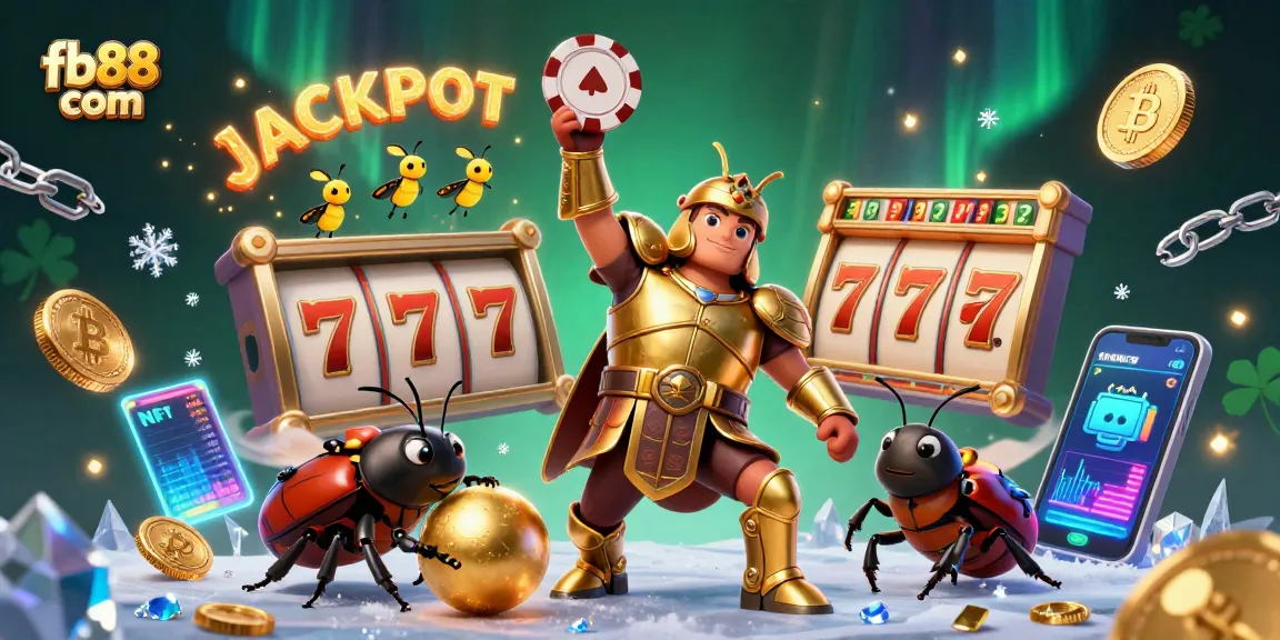 Win big at fb88 com with a victorious beetle and dynamic jackpot scene featuring slots and crypto coins.