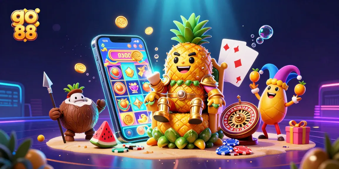 Spin vibrant slot reels and win with the energetic go 88 casino scene featuring a pineapple king.