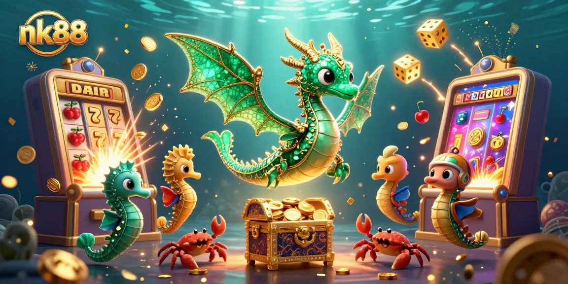 Experience the thrill of nk88 casino with a vibrant 3D illustration showcasing epic sea dragon and jackpot excitement.
