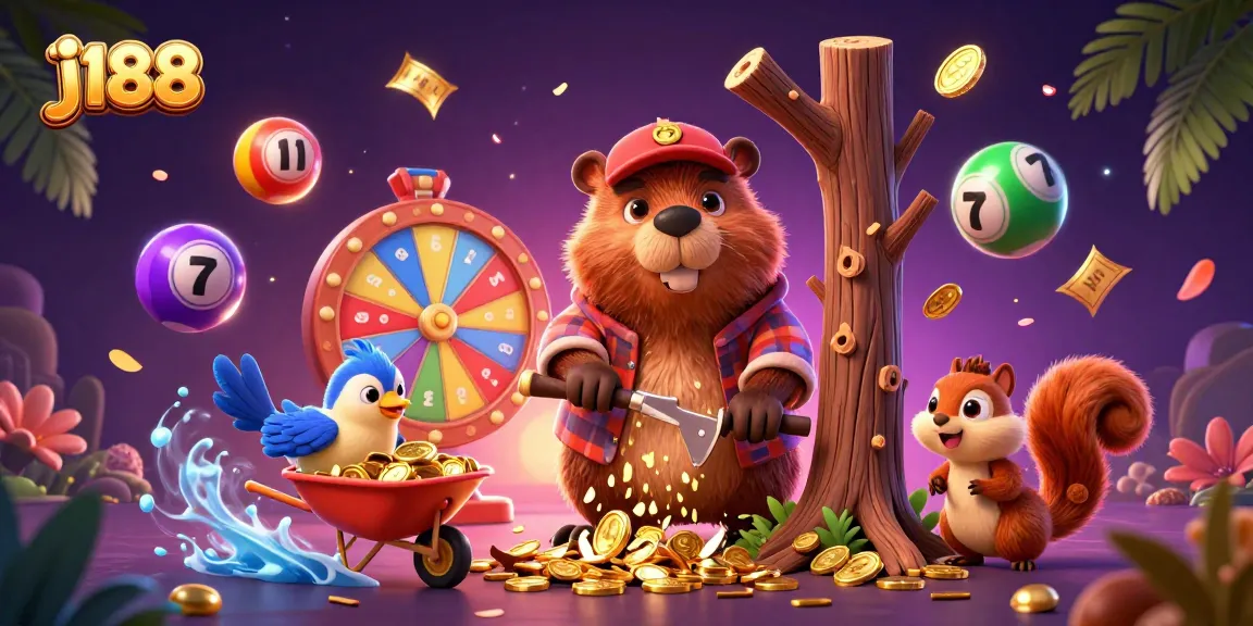 Experience the lively j188 casino world with a beaver, bird, and squirrel surrounded by bouncing lottery balls and golden coins.