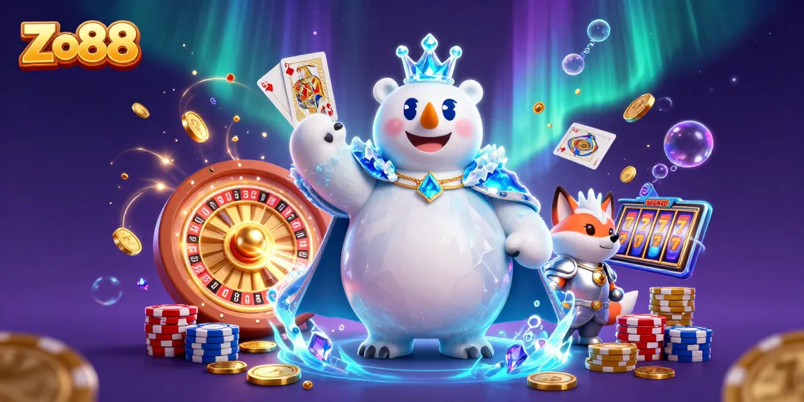 Win big with Zo88 in this vibrant casino-themed 3D illustration showcasing dynamic gaming elements.