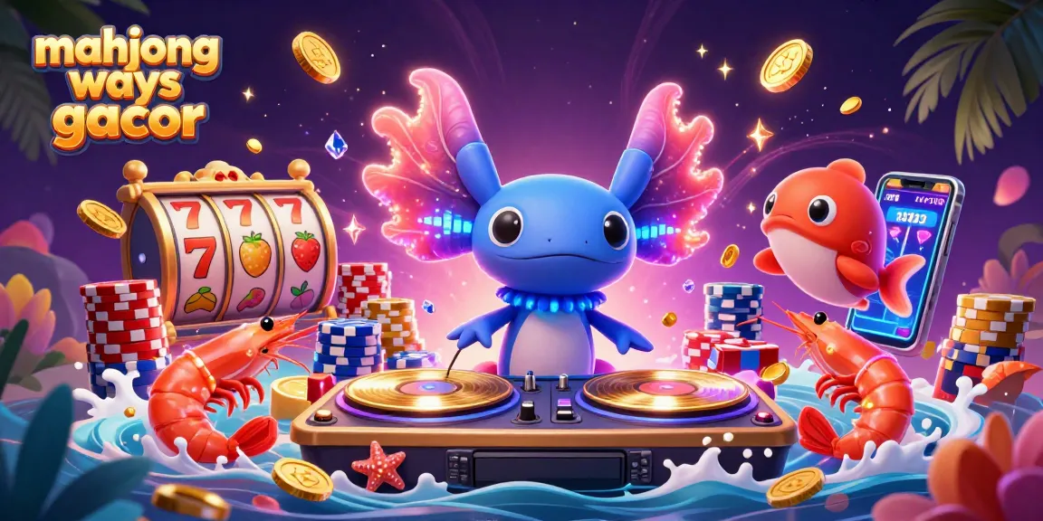 Join the excitement of mahjong ways gacor with a vibrant scene featuring an axolotl DJ and dynamic gambling elements.