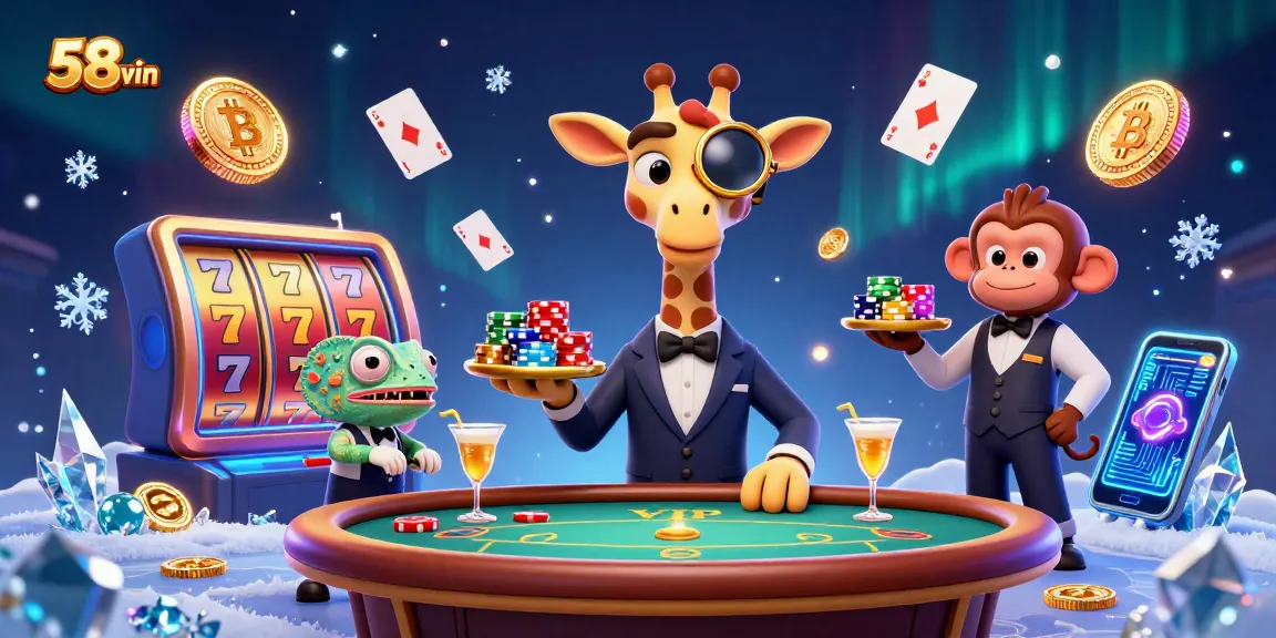 Engage in thrilling gaming action with 58vin, featuring vibrant characters enjoying casino games and crypto elements.