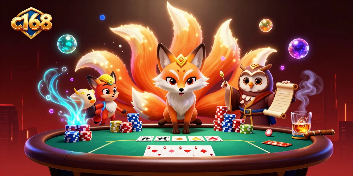 Play poker with C168, featuring vibrant characters, colorful poker chips, and an engaging atmosphere.