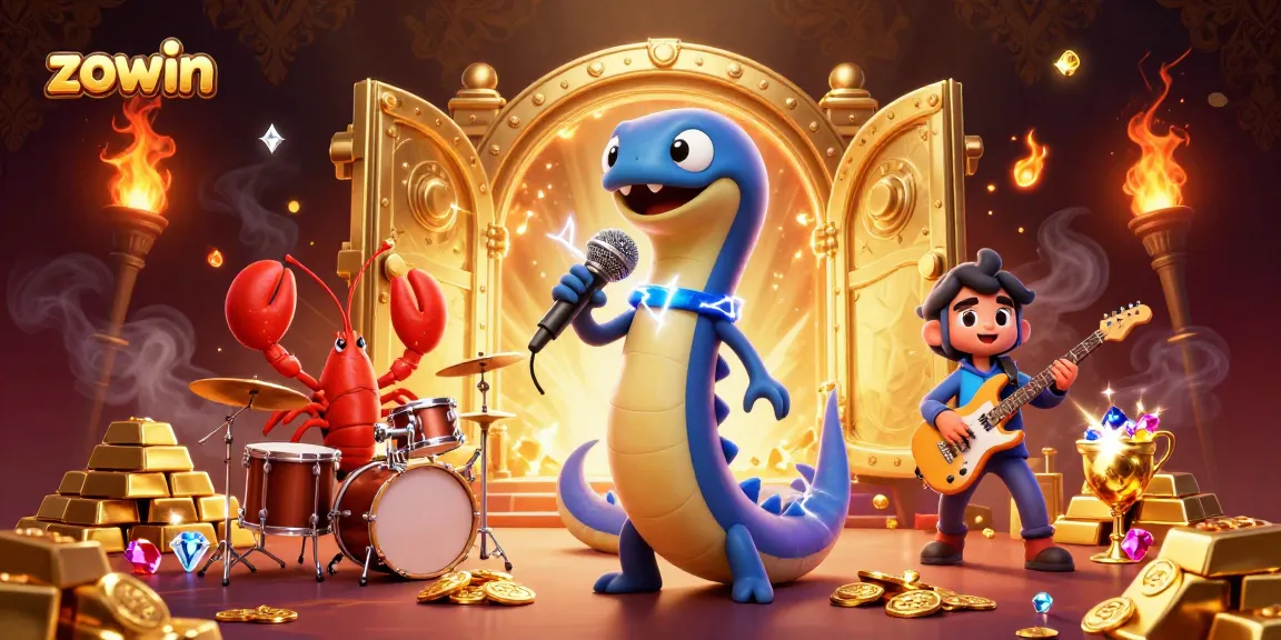 Zowin underwater casino scene featuring electric eel DJ, backed by lobster and seahorse musicians.