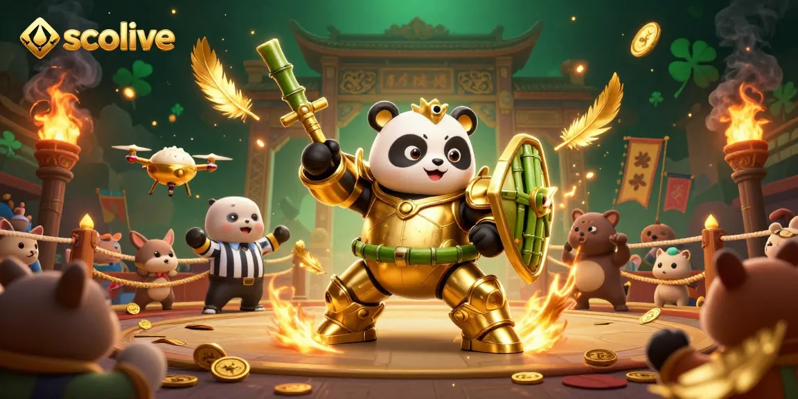 Socolive showcases a dynamic gambling scene with a golden panda piloting a bamboo robot in a vibrant arena.