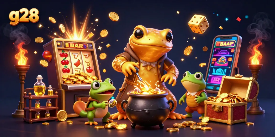 Join the magical 3D casino adventure with g28 featuring golden coins, slot machines, and alchemist characters.