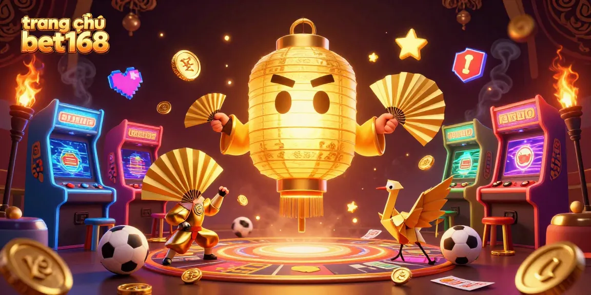 Experience the magic of trang chủ bet168 with vibrant scenes of sports betting, golden lanterns, and arcade excitement.