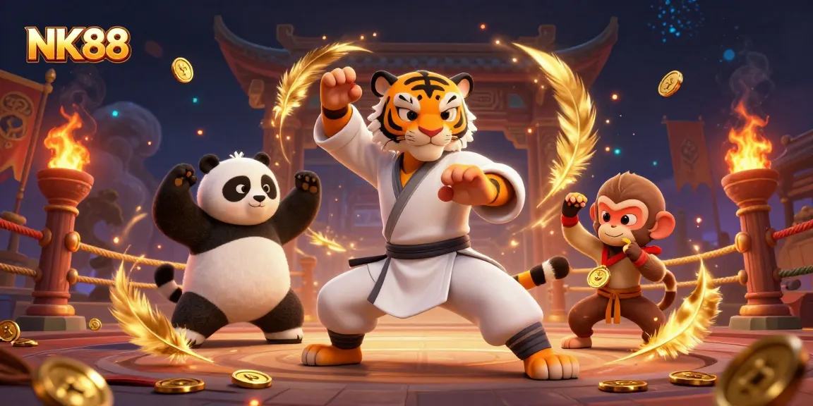 Experience the thrilling action of NK88 as a kung fu tiger teaches gambling prowess amid a vibrant casino scene.