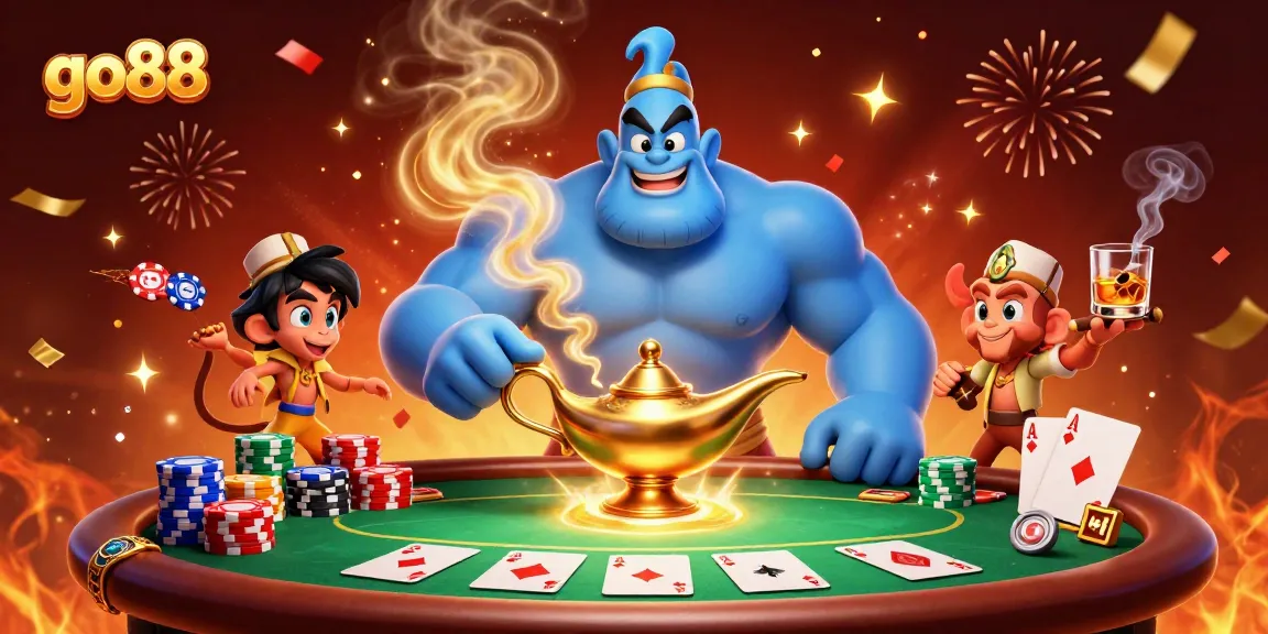 Experience thrilling moments at go88 with a vibrant 3D casino adventure featuring a majestic genie and poker action.