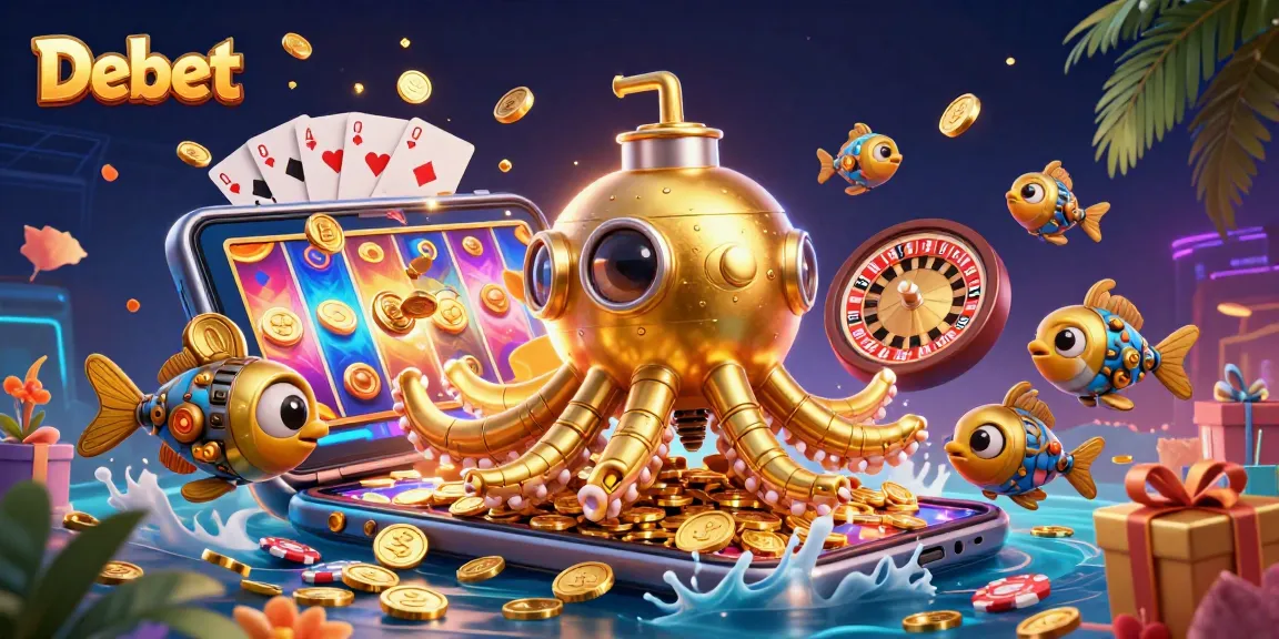 Players engaging with Debet in an exciting winning moment decorated with casino elements.
