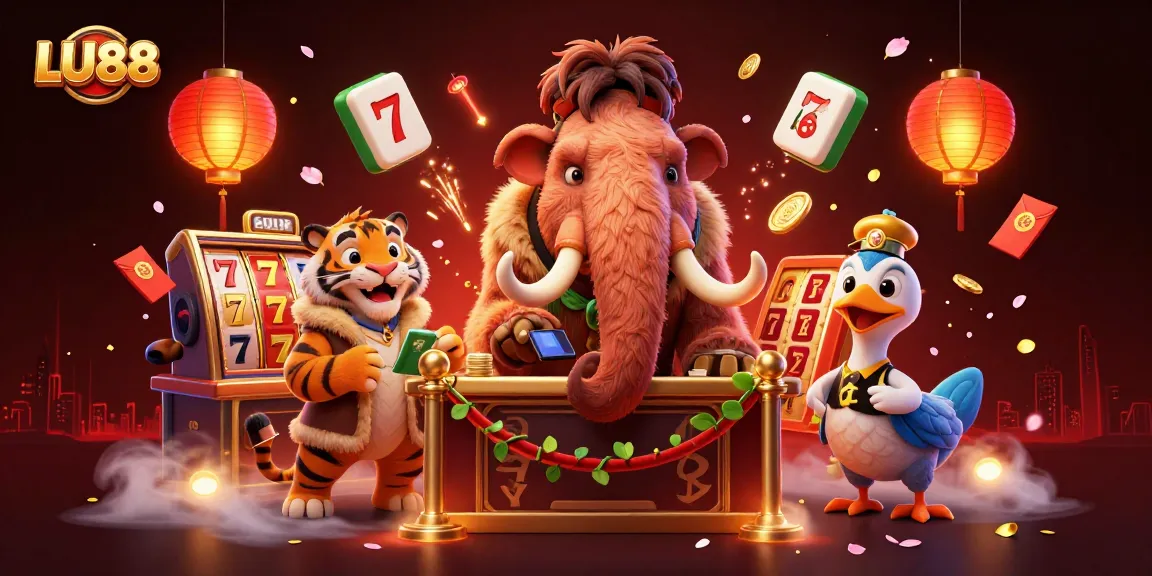 LU88 immersive casino scene with a woolly mammoth bouncer, saber-tooth tiger VIP, and festive elements.