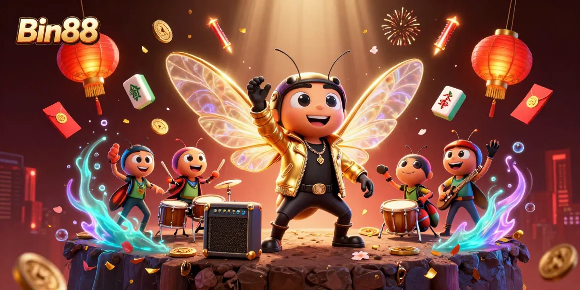 Engage with Bin88's vibrant casino scene featuring a cicada rock star and dynamic game elements.