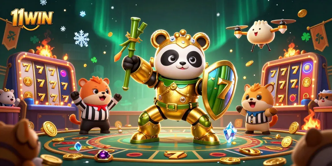 Engage in exciting casino games with 11WIN featuring a golden panda and dynamic slot elements.