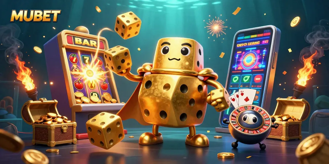 Experience thrilling action with MUBET as golden dice and a slot machine explode with jackpots.